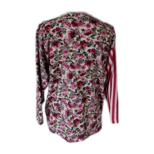 80s 90s Mixed Print Pink Floral Striped Pocket Top Women’s Large Handmade 181