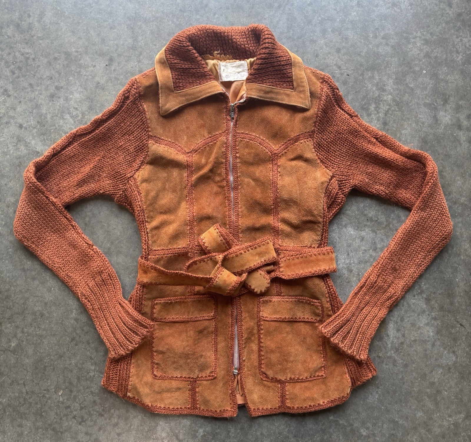 Vintage 1960s Exclusive Imports Suede Knit Wool Boho Jacket Belt Size Small