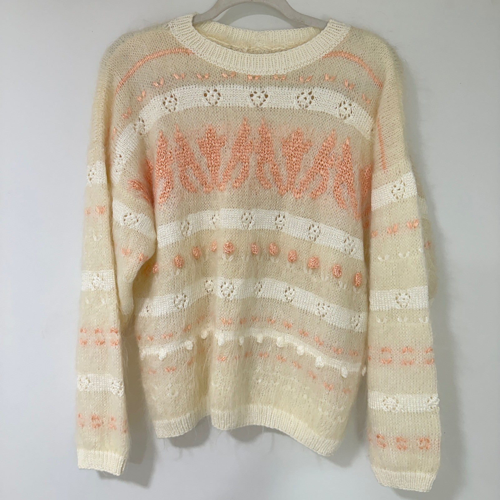 Vintage 80s Mohair Style Pointelle Pom Pom Sweater Cream Peach Large