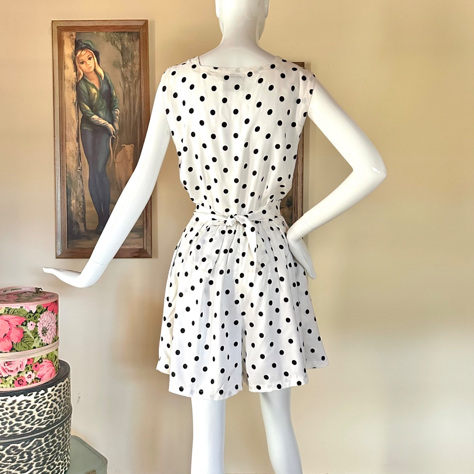 Vintage 1980s B&W Polka-dot Shorts Romper Rockabilly Pin-up Playsuit L Volup