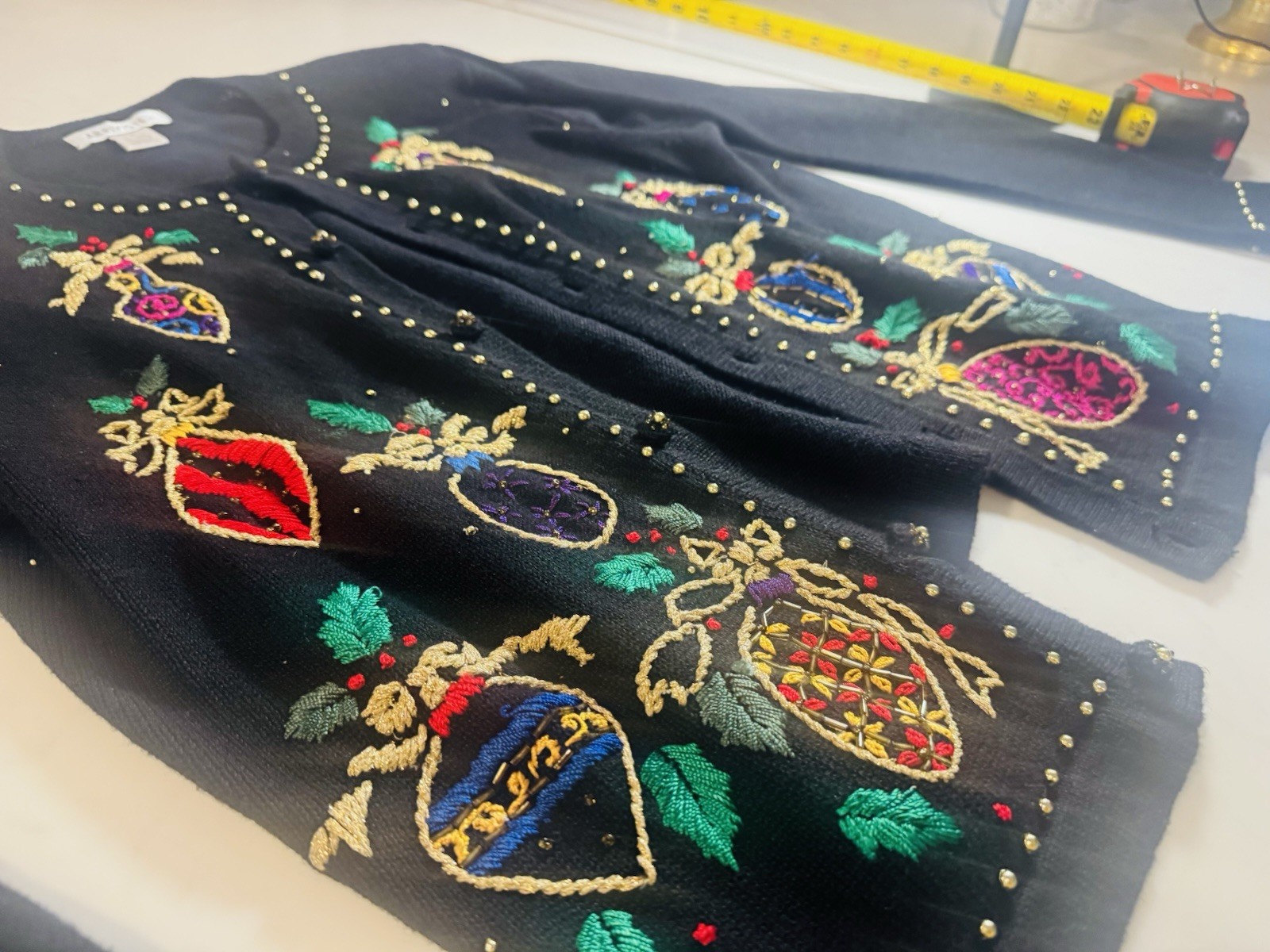 Arriviste Christmas Sweater Women’s M Black Embroidered Ornament Beaded Cardigan