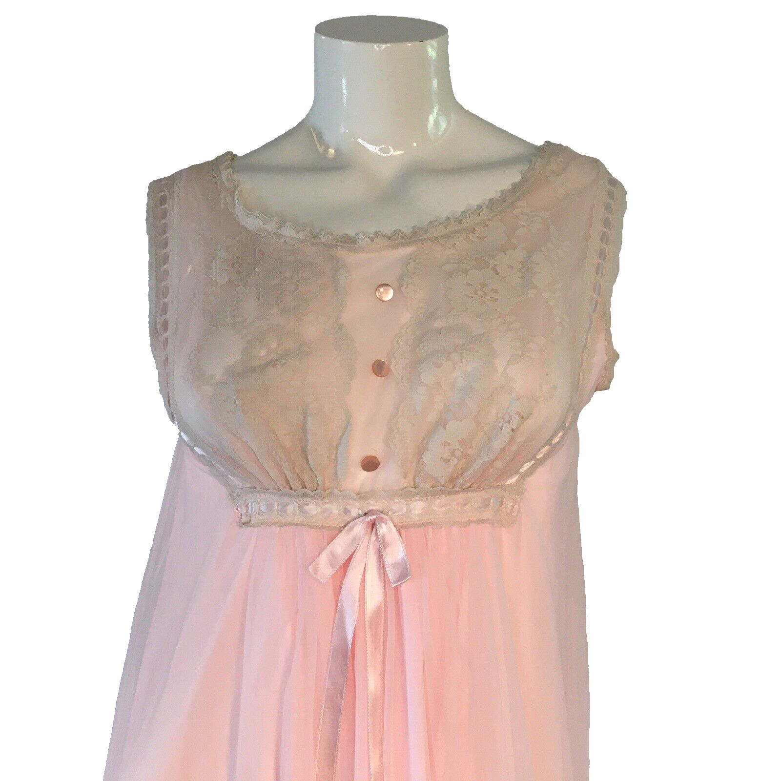 Vintage Gilead Ankle Length Nightie Pink With Cream Lace Trim Made in USA Medium