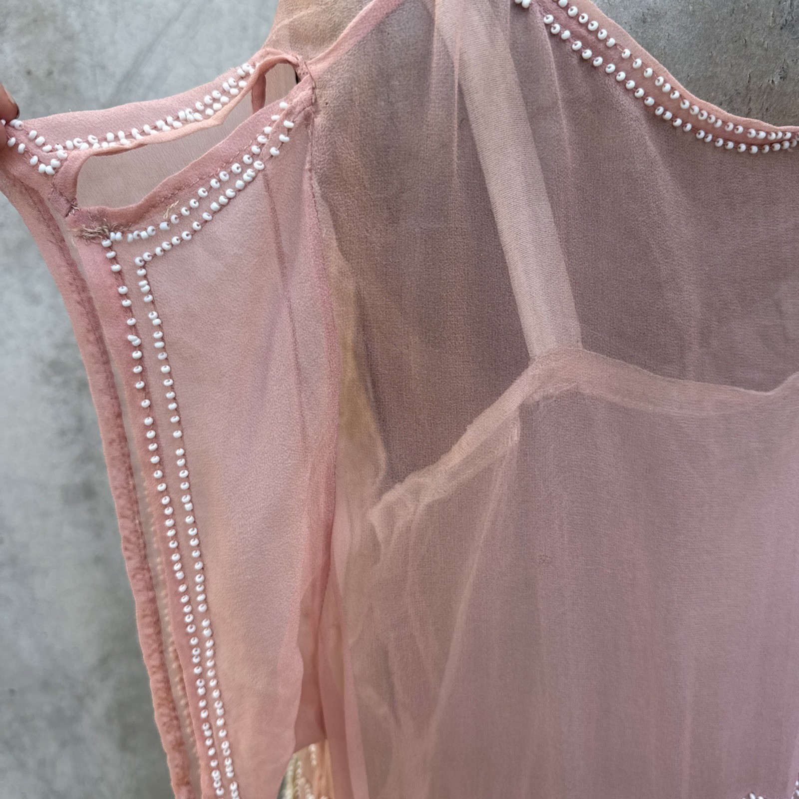 Antique 1920s Pink Silk Chiffon Dress Beaded Waves Oppenheim Collins Vintage