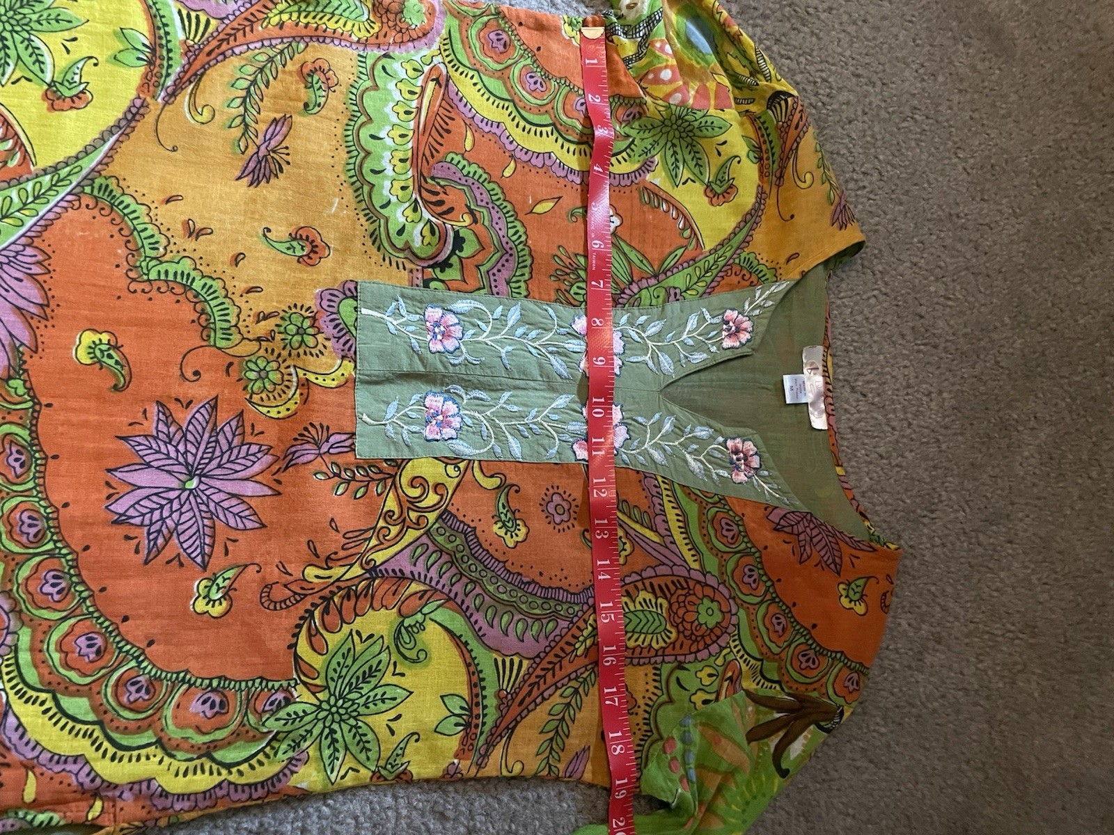 Vintage 90s Indian Cotton Paisley Tunic Top Boho Kurta Style Green Womens S/Med