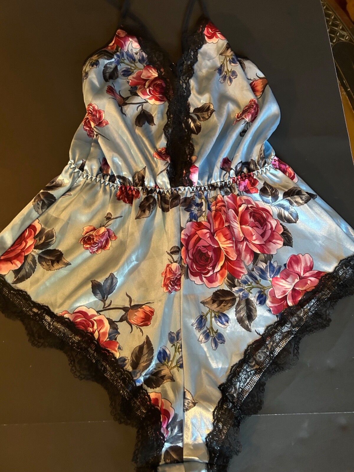 Glossy Satin Blue Floral Shiny Bodysuit TEDDY PLAYSUIT Romper Lingerie Cami M