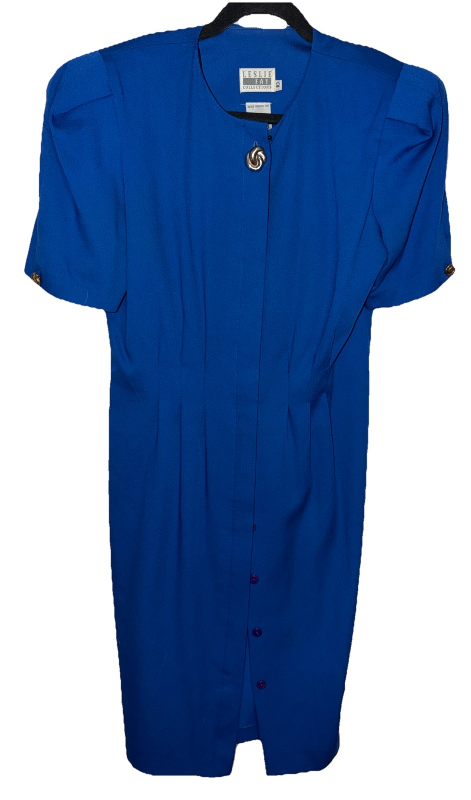 LESLIE FAY Vintage Shirt Dress Blue Pleated Buttons Midi Career 80s 90s USA