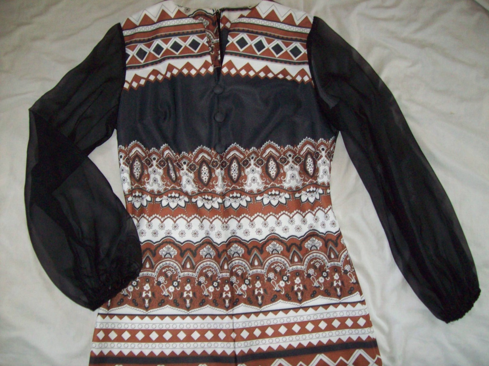 VINTAGE Hippie ALDENS FASHIONS Long Dress fits Med-Lrg 70’s sheer arms browns