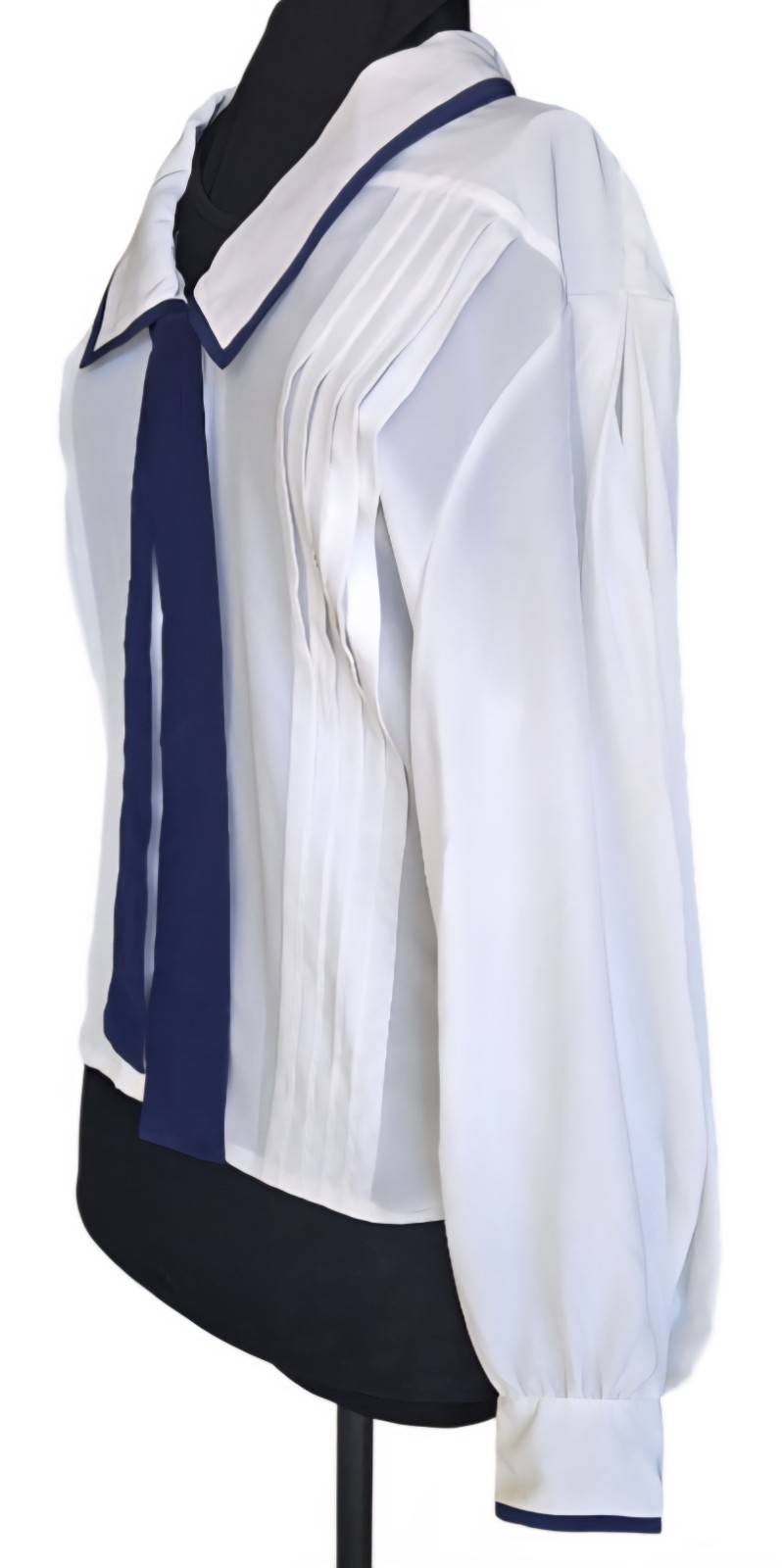 1980s CHAUS SPORT White Blouse With Sailor Collar & Navy Blue Trim & Tie Sz 14