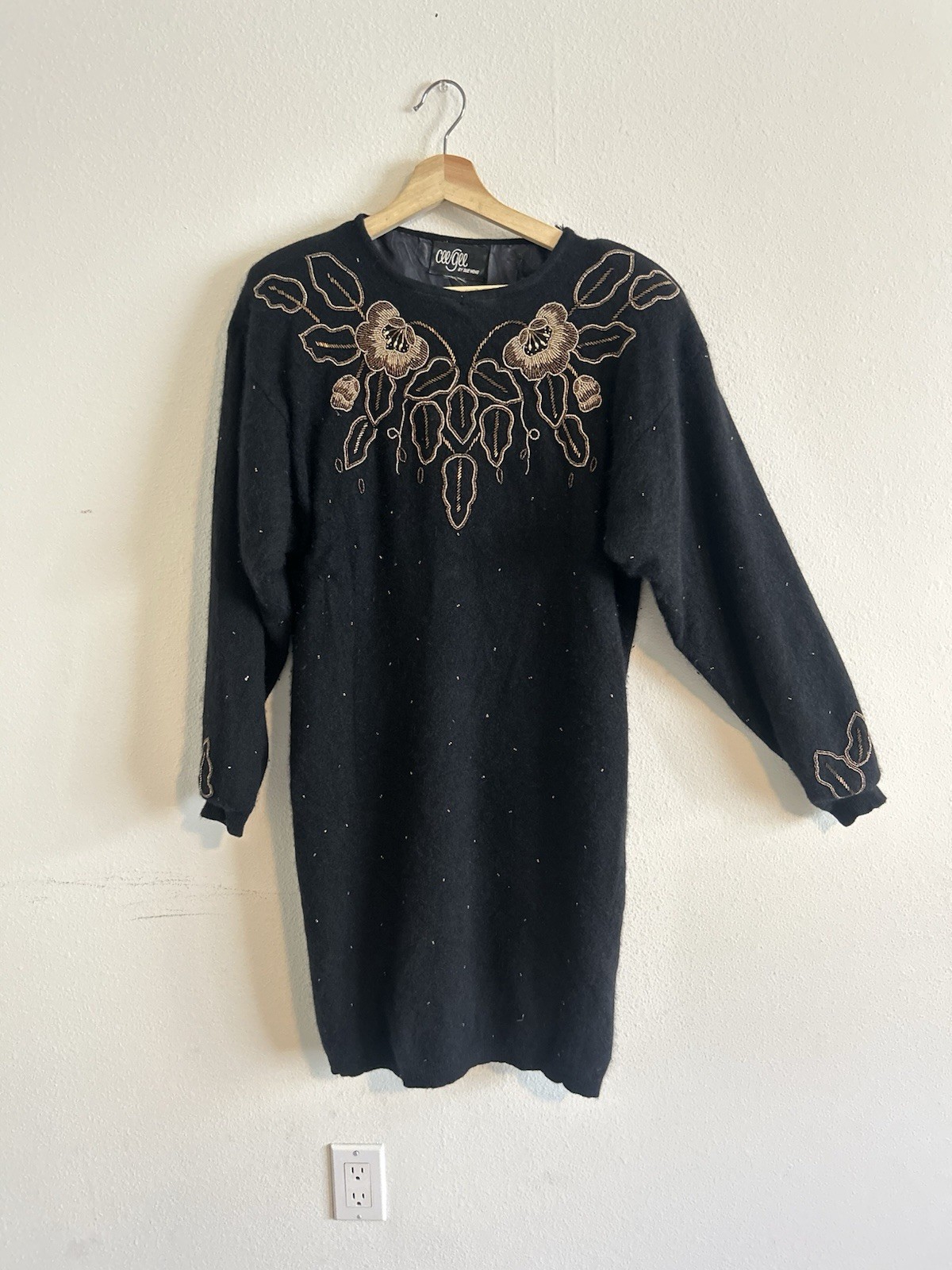 Vintage CeeGee by Sue Wong Angora Lambswool Beaded Black Sweater Dress Size M