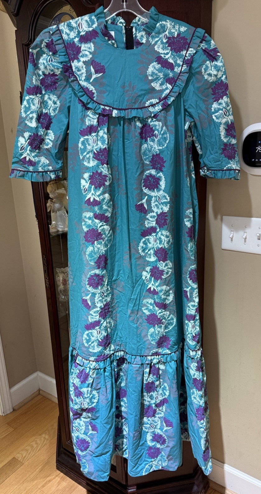 Vtg TORI RICHARD Golden Monarch Collection Teal Floral Printed Maxi Dress Size M