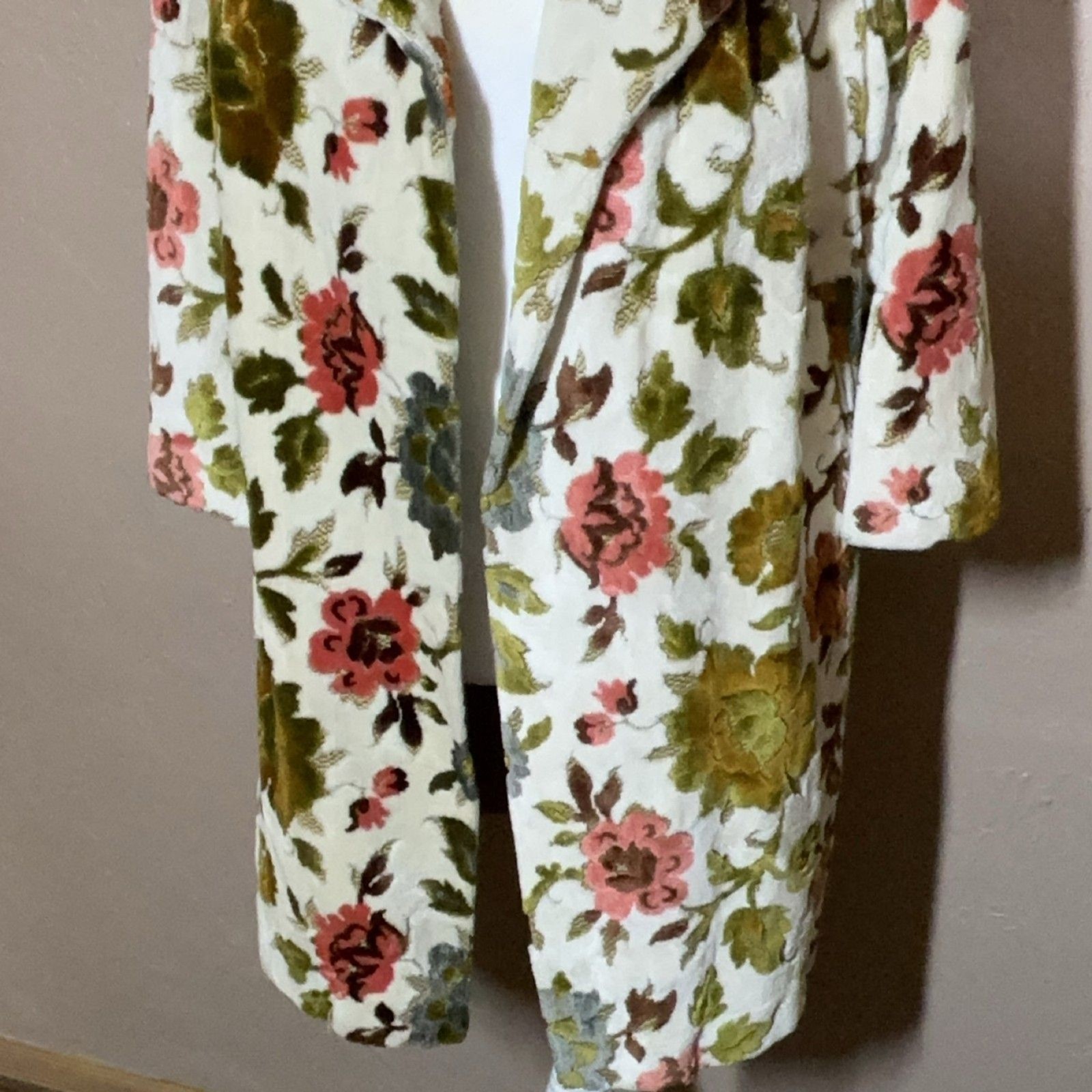 Vintage Floral Chenille Tapestry Coat Cream Olive Green Orange Pink Pockets