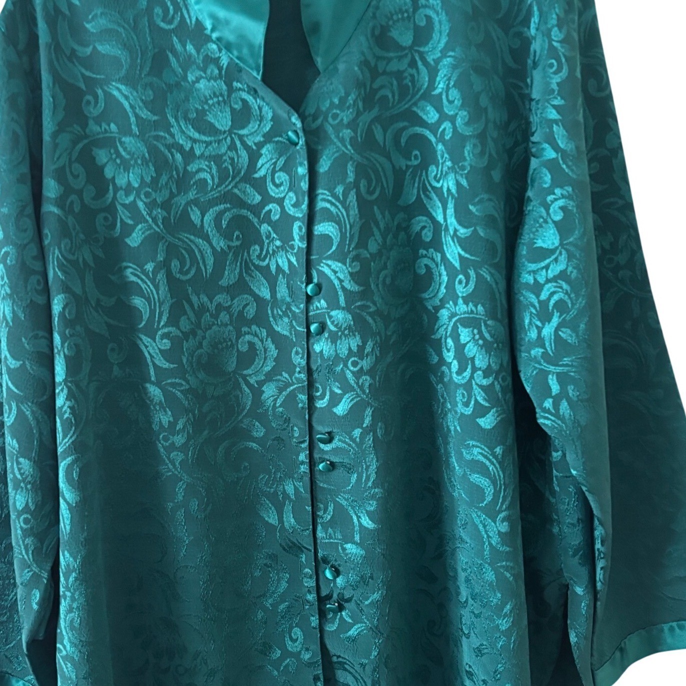 Vintage Inner Most Teal Jacquard Floral Button Front Blouse Top Long Sleeve L