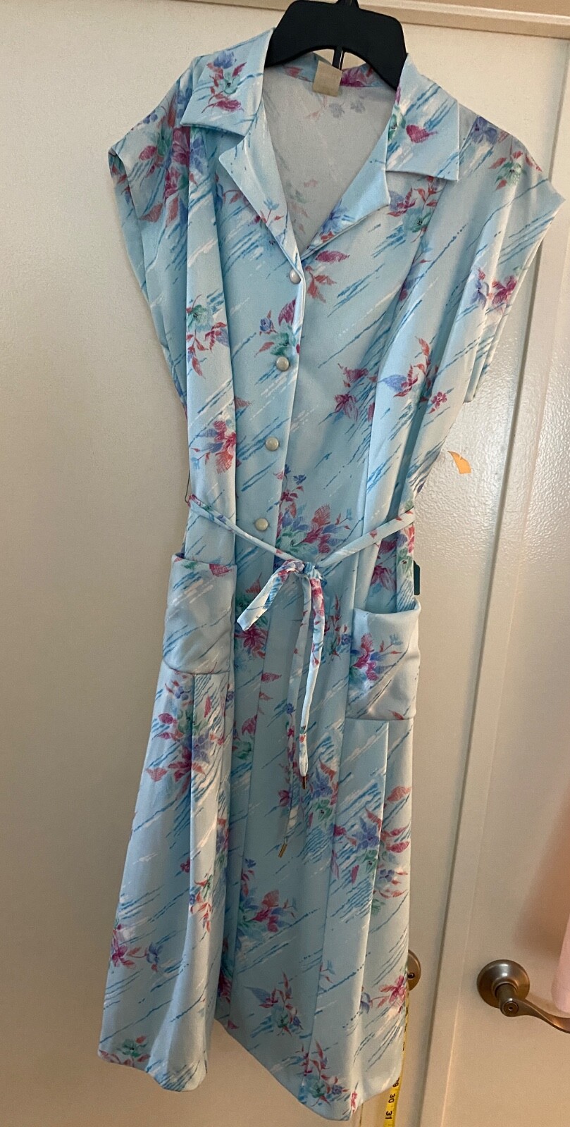 VTG 70s House Dress Women Floral Vneck Collar Button Tie Waist Blue Pink Floral