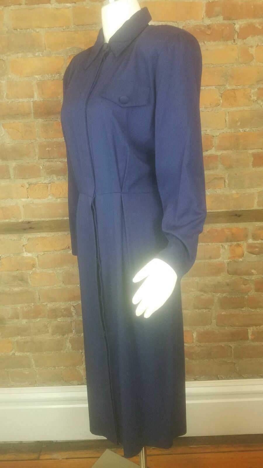 Vintage Women’s 80s Dress Navy Shirt Dress Button Front Lg Sleeves Sz L