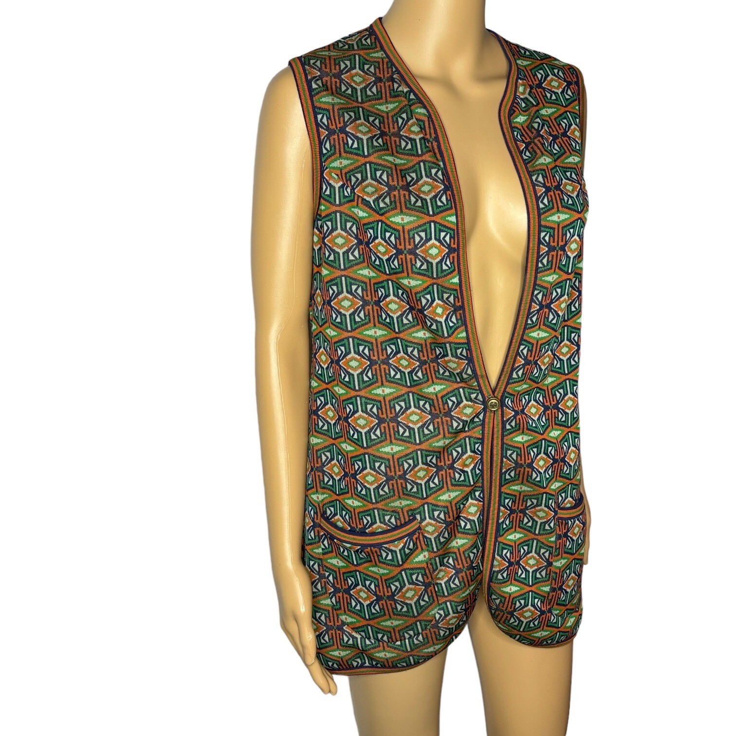 AILEEN Women’s Vest Size 12 Green Orange Blue Funky Pattern Button Front 70s VTG