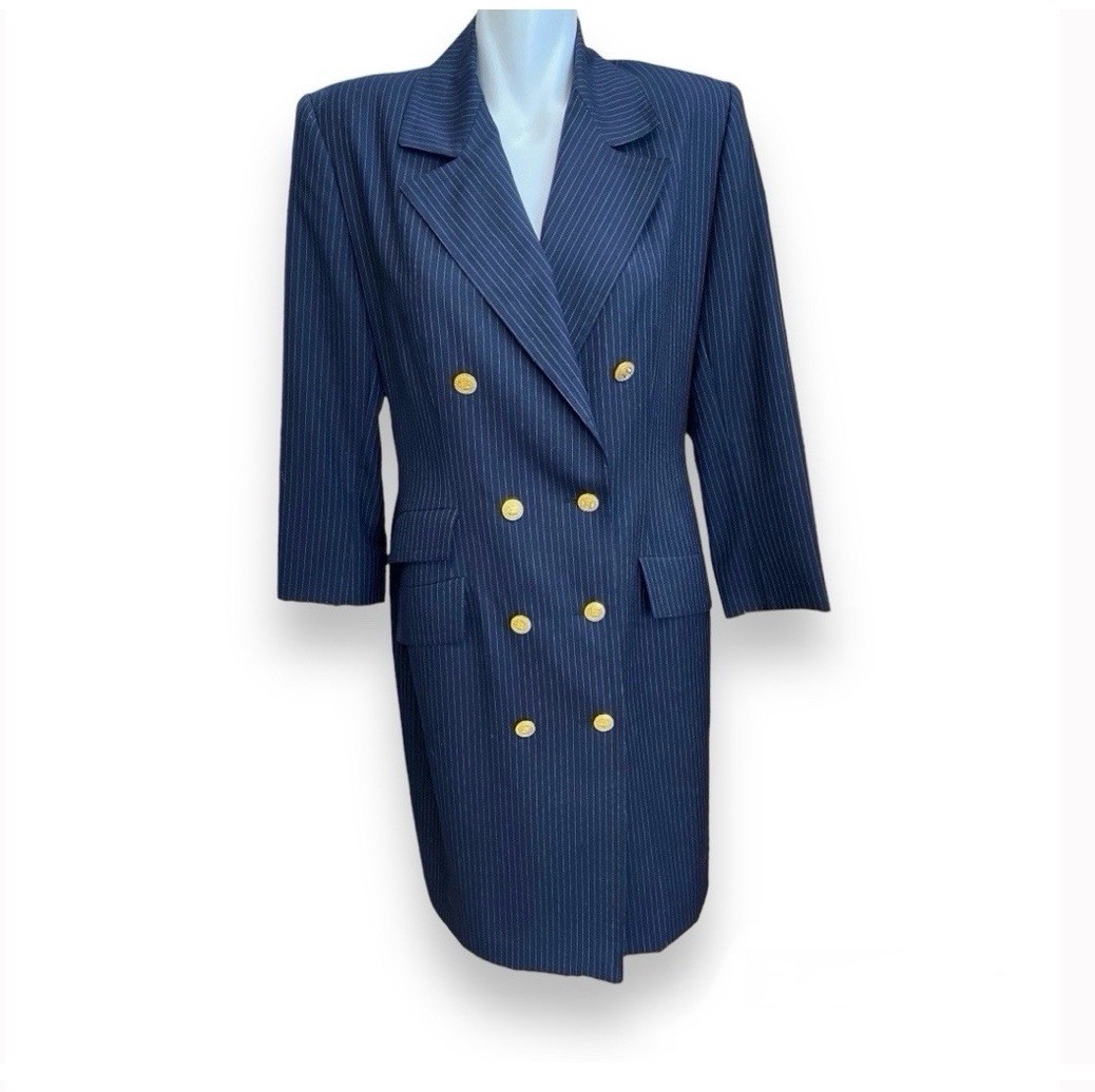 Vintage Celine Wool Pinstripe Double Breasted Coat Dress Removable Collar
