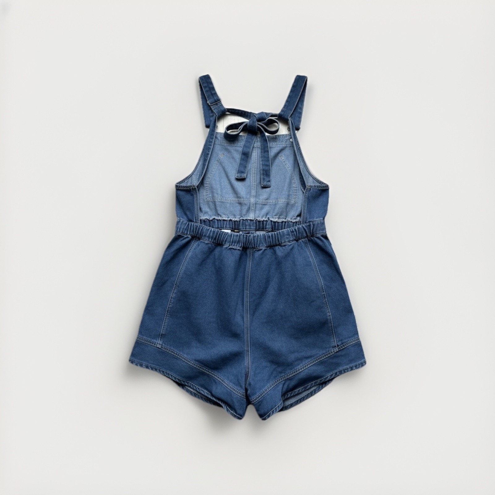 Denim Medium Wash Blue Denim Overall Romper Sz M Backless Smocked Waist Boho