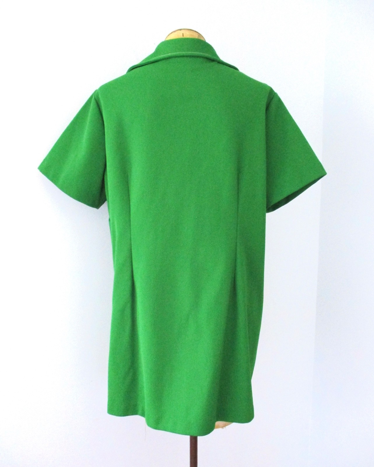 Vtg 60s 70s Green Poly Knit Button Blouse Top Dagger Collar Larger Size XL/2XL