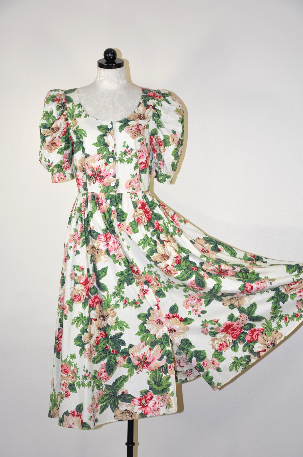 80s Vintage Pink Green Hibiscus Floral Puff Sleeve Romantic Midi Dress Women M L