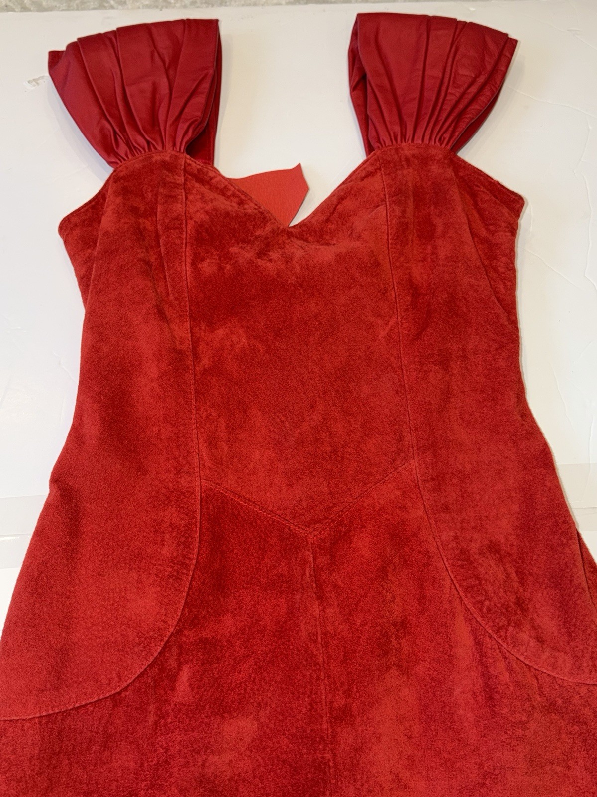 VTG 90’s Leather Ranch Red Mini Suede Cocktail Dress Padded Shoulders Sz 0 NWT