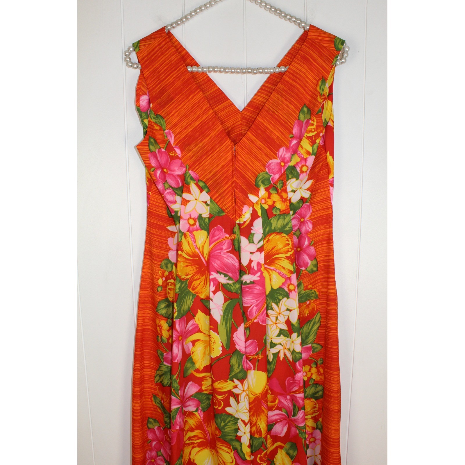 VTG Liberty House Hawaii Maxi Length Floral/Orange Dress V Neck Back Zipper 10