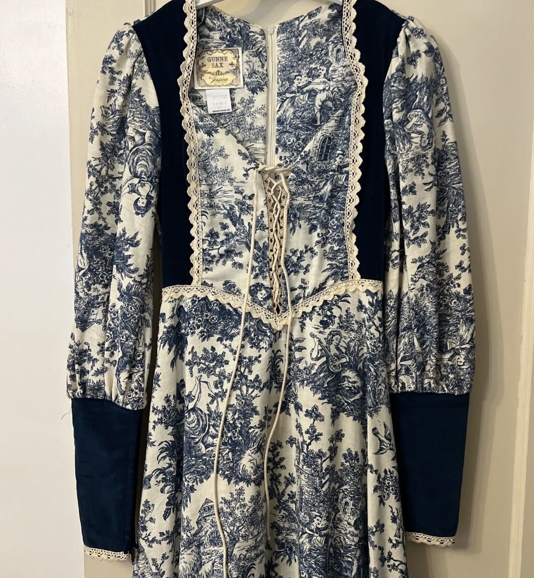 1970’ GUNNE SAX by Jessica Toile de Jouy Maxi Dress Blue Velvet Lace-up Blue 11