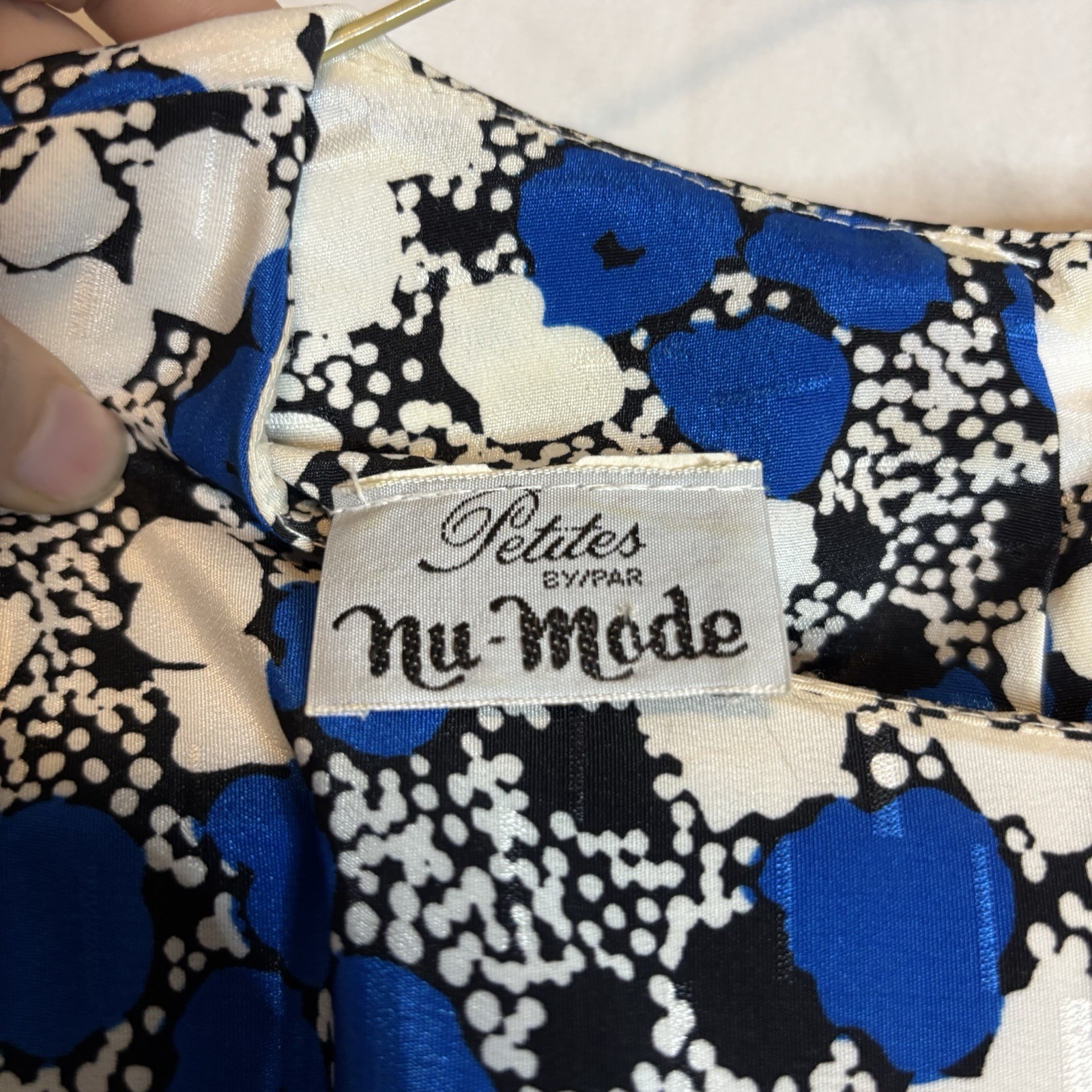 True Vintage 80s Blue And White Printed Dress Nu-Mode Petites Size Small Belted