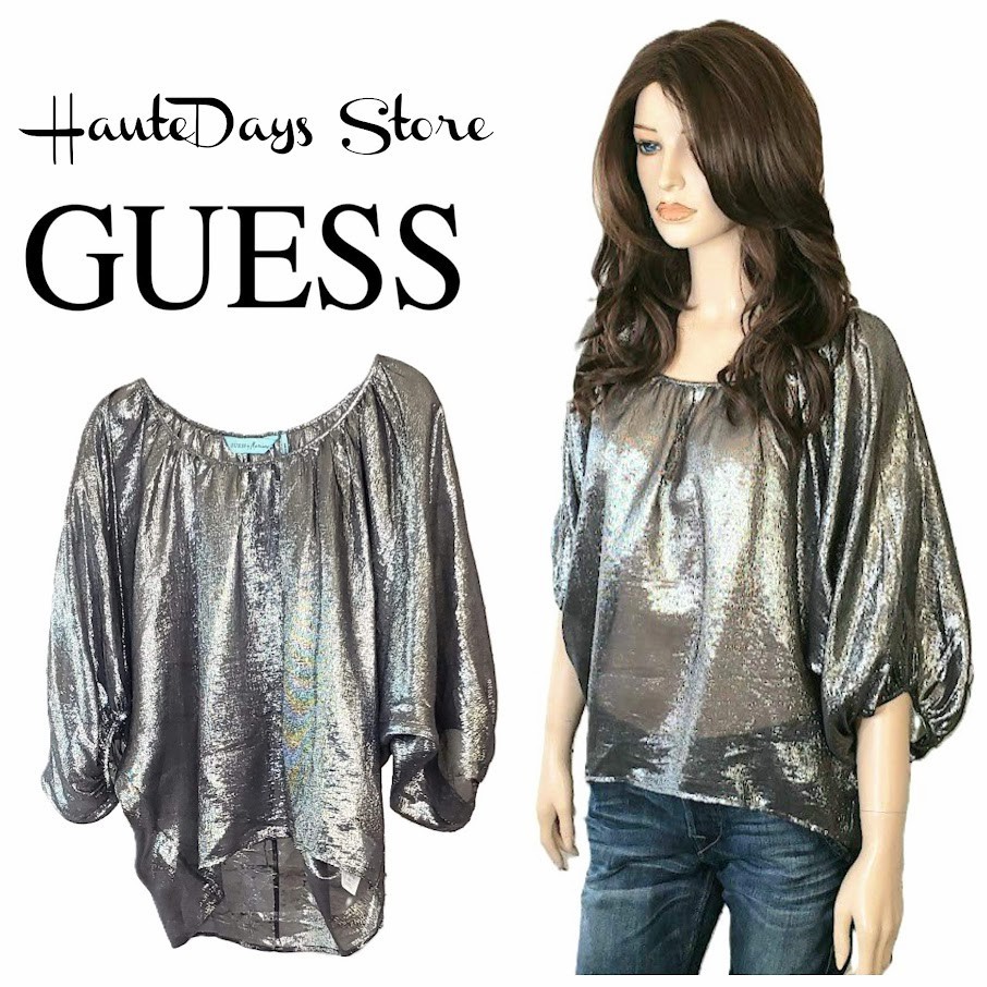 VTG Y2K 2000s Guess Silk Silver Lame Sheer Metallic Blouson Angel Top Disco Diva
