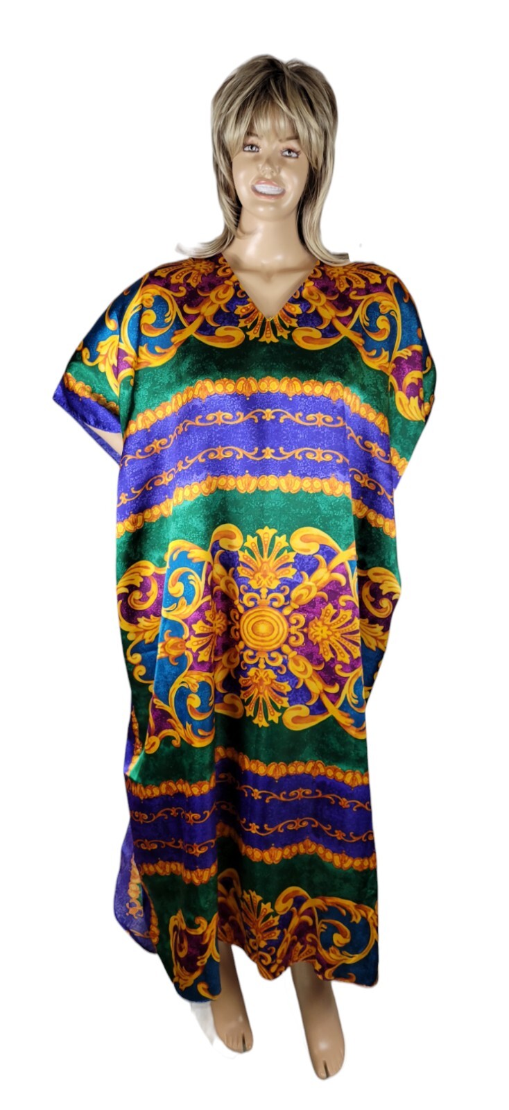 Vintage 1980s Winlar Baroque Short Sleeve Satin Kaftan House Dress One Size