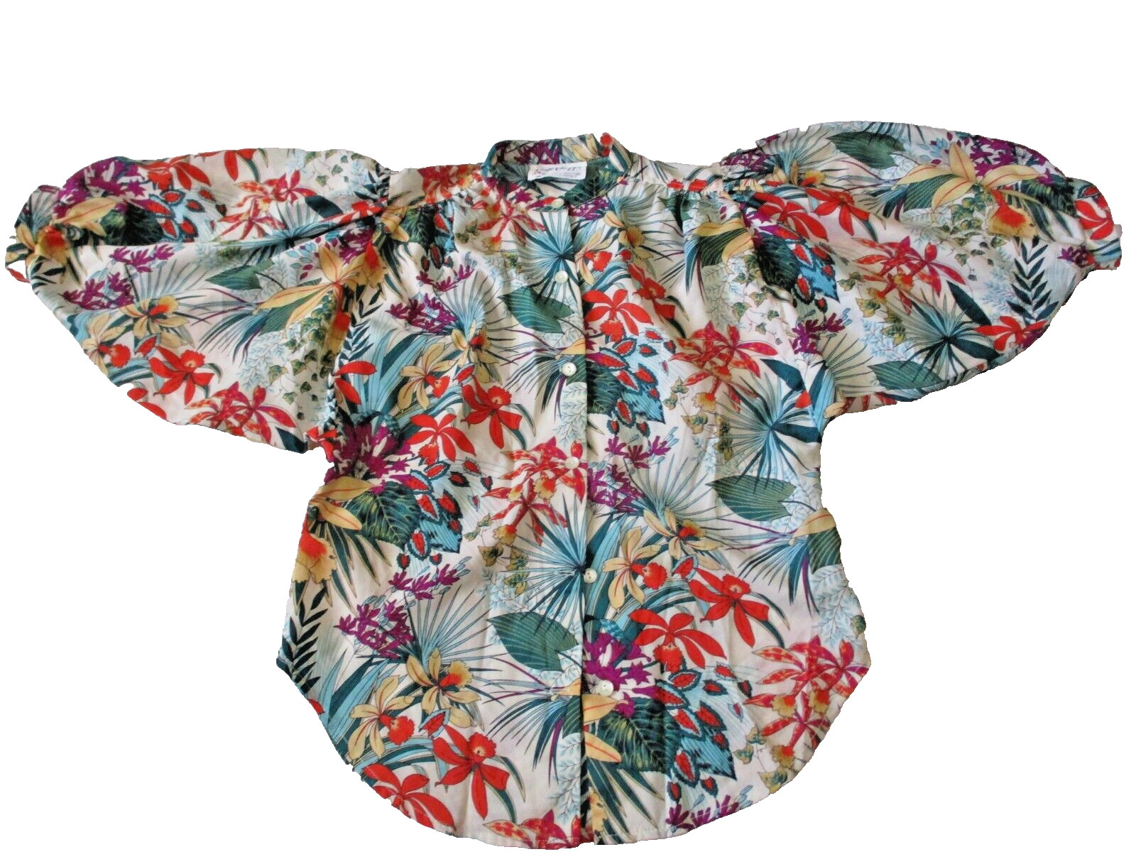 Edith Flagg Top vintage 70s CA USA Designer Orchid Blouse Floral Puff 1/2 sleeve