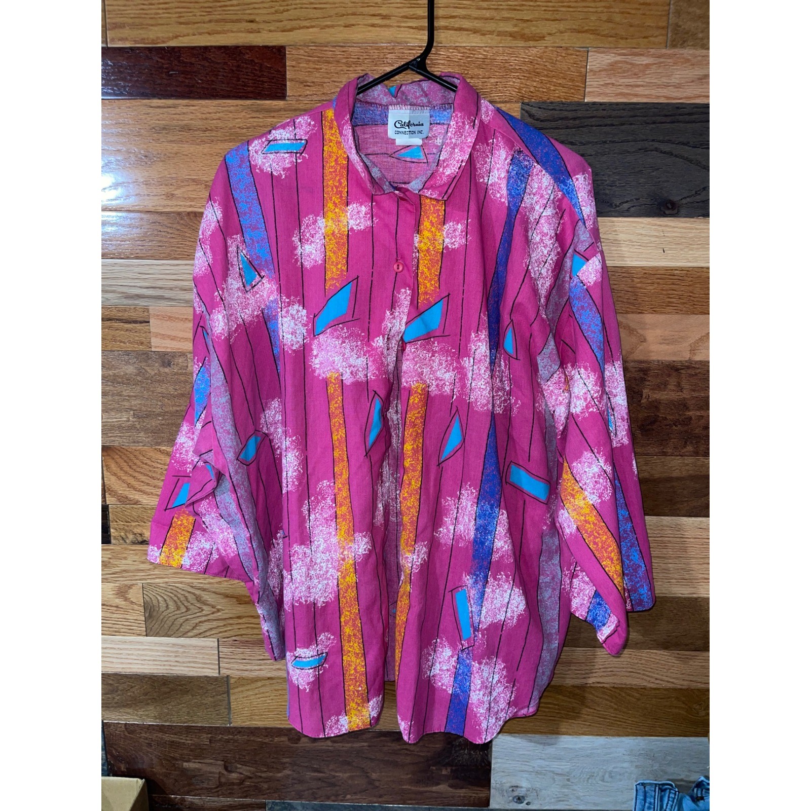 California Connection Inc Wmns 42 Pink Shirt 80s Geometric Abstract Print Vntg