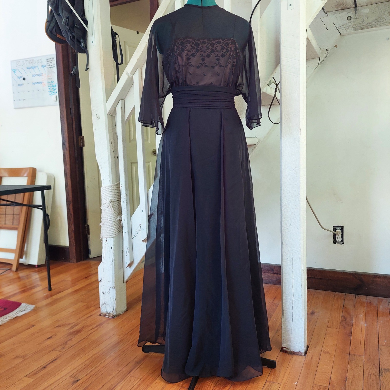 Vintage Miss Eliette California Black Chiffon Lace Formal Gown Long Dress