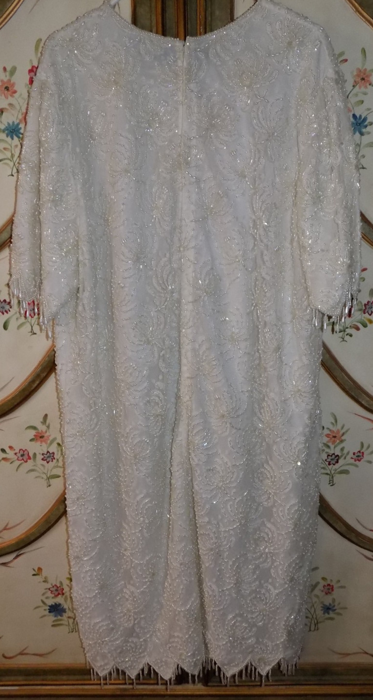 Vintage Carina 3X white heavily glass beaded pearl formal cocktail dress wedding
