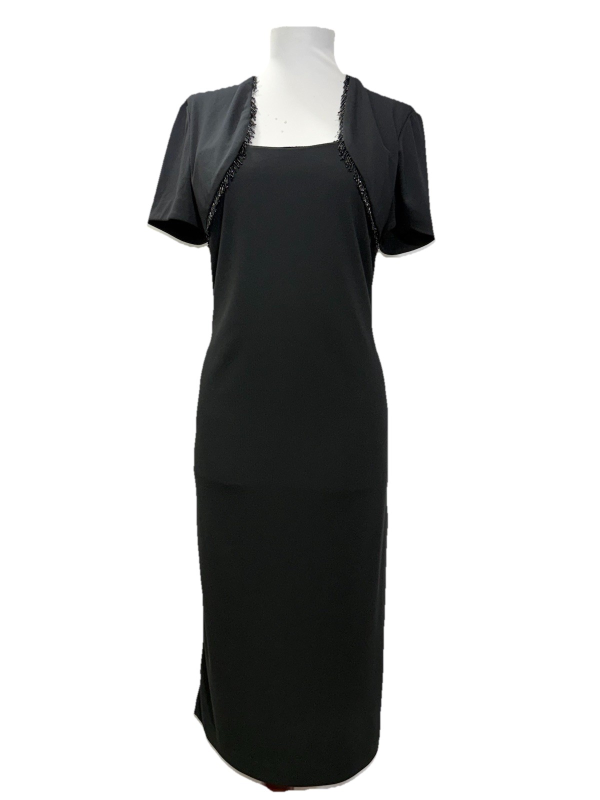 Vtg Leslie Fay Evenings 90’s Sz M Black Sheath Short Sleeve Dress Stretch Bolero