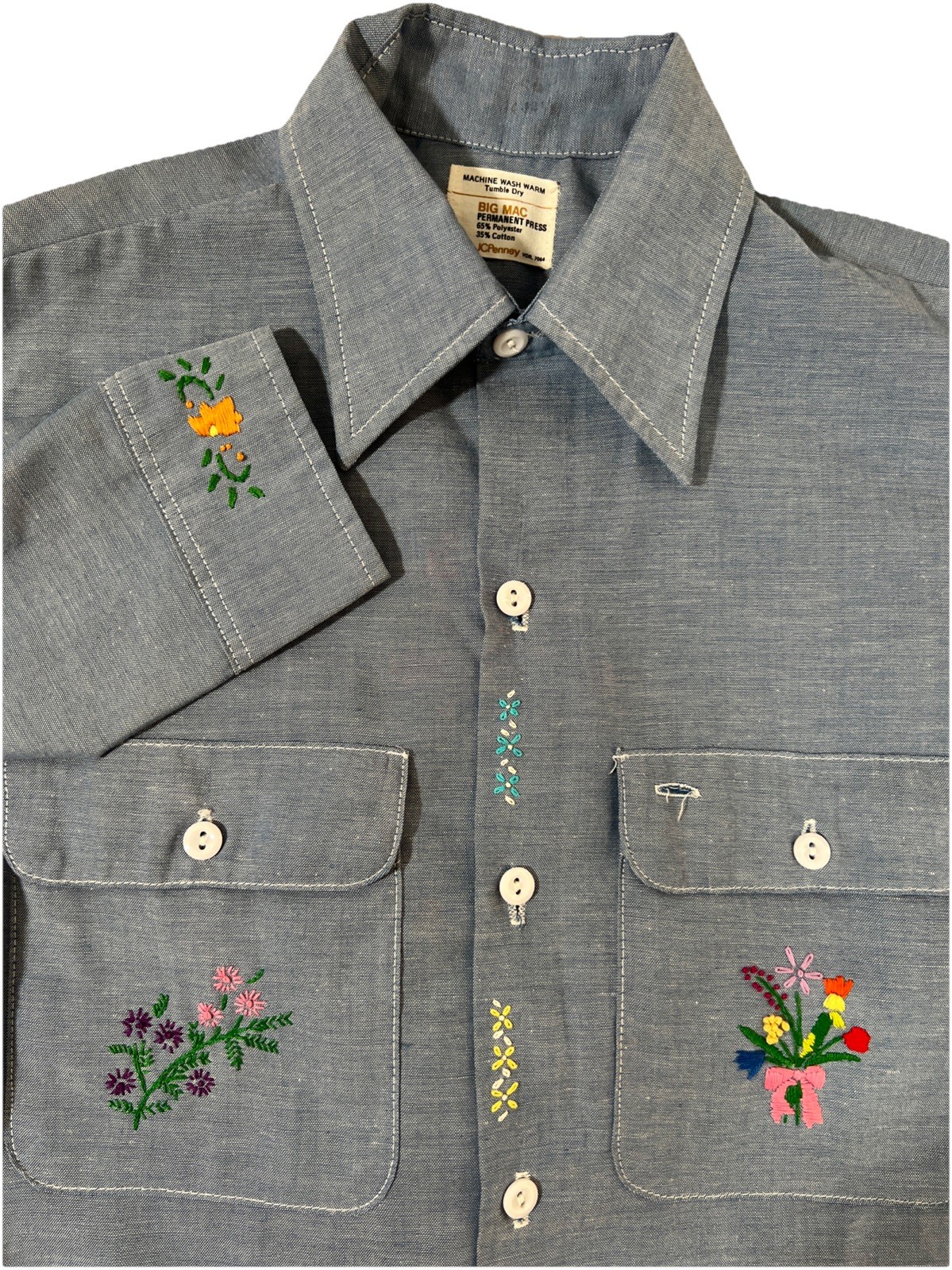 Vintage 70s JC Penney Big Mac Shirt Womens Small Blue Embroidered Cottagecore