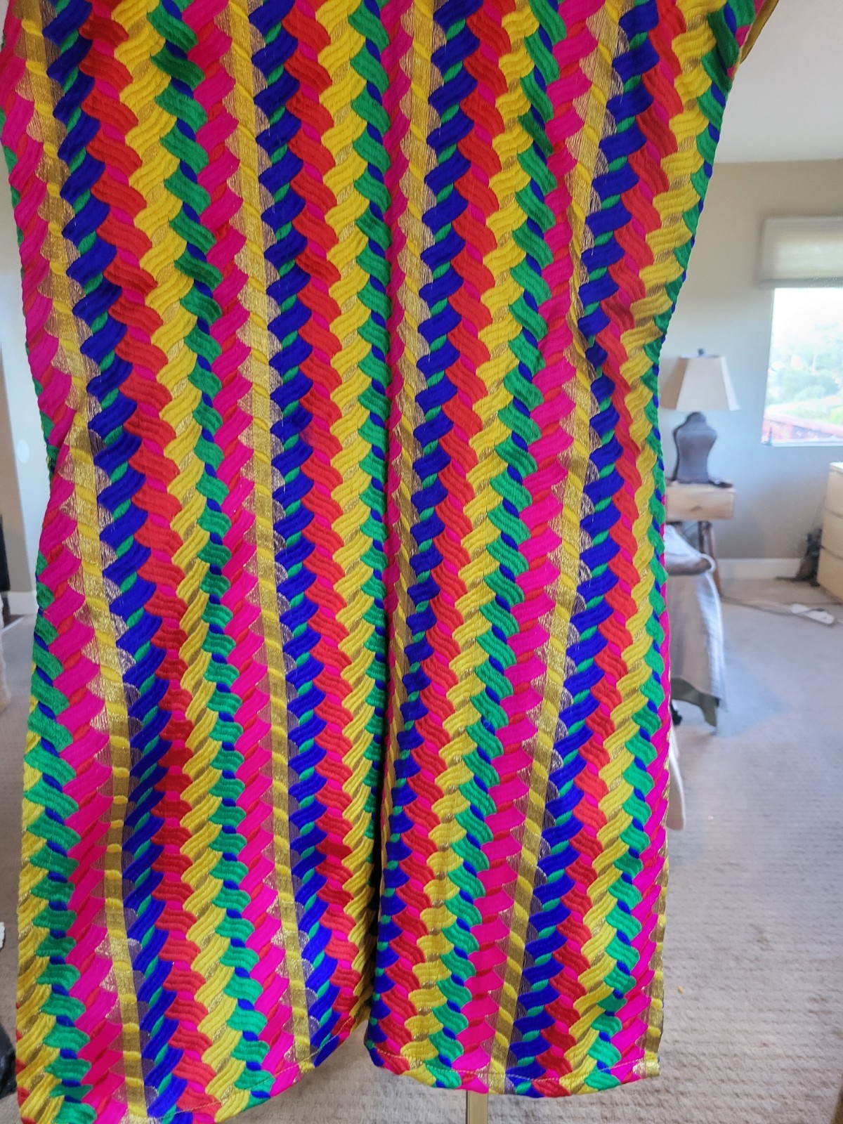 VINTAGE COLORFUL KAFTAN MINI DRESS MULTICOLOR WITH GOLD DETAILS SIZE M