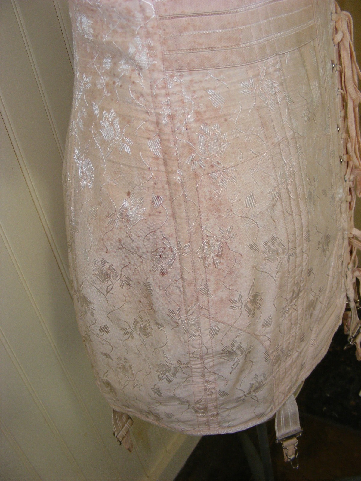 50s CHARMODE COMFORT CORSET PEACH DAMASK TIE FRONT COTTON RAYON VINTAGE CORSET L