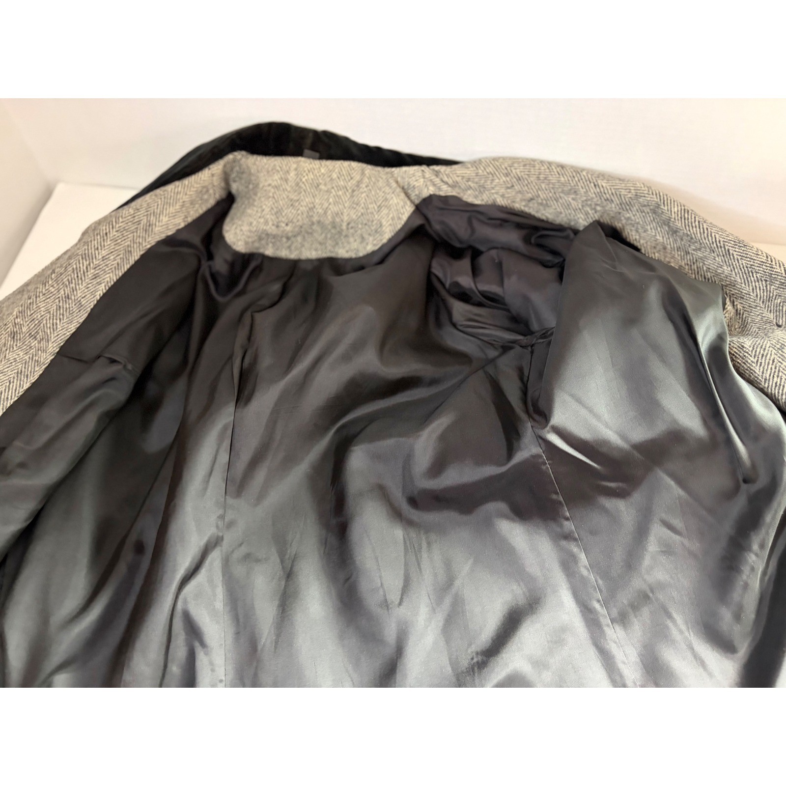 Vintage Made in USA Herringbone Coat Velvet Collar Gray Longline Overcoat