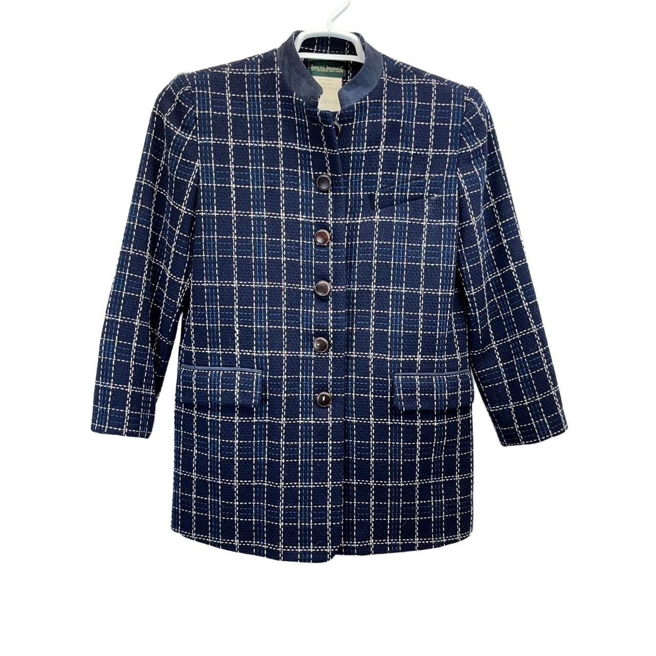 Vintage Harve Benard Navy Plaid Womens Windowpane Wool Preppy Long Blazer 4