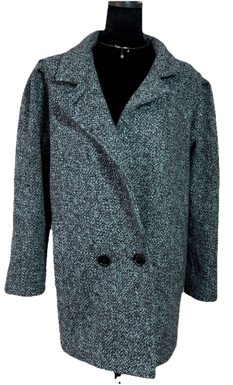 Vintage 70’s 80’s Learsi Wool Pea Coat Womens Size 10 Black Aqua Herringbone USA