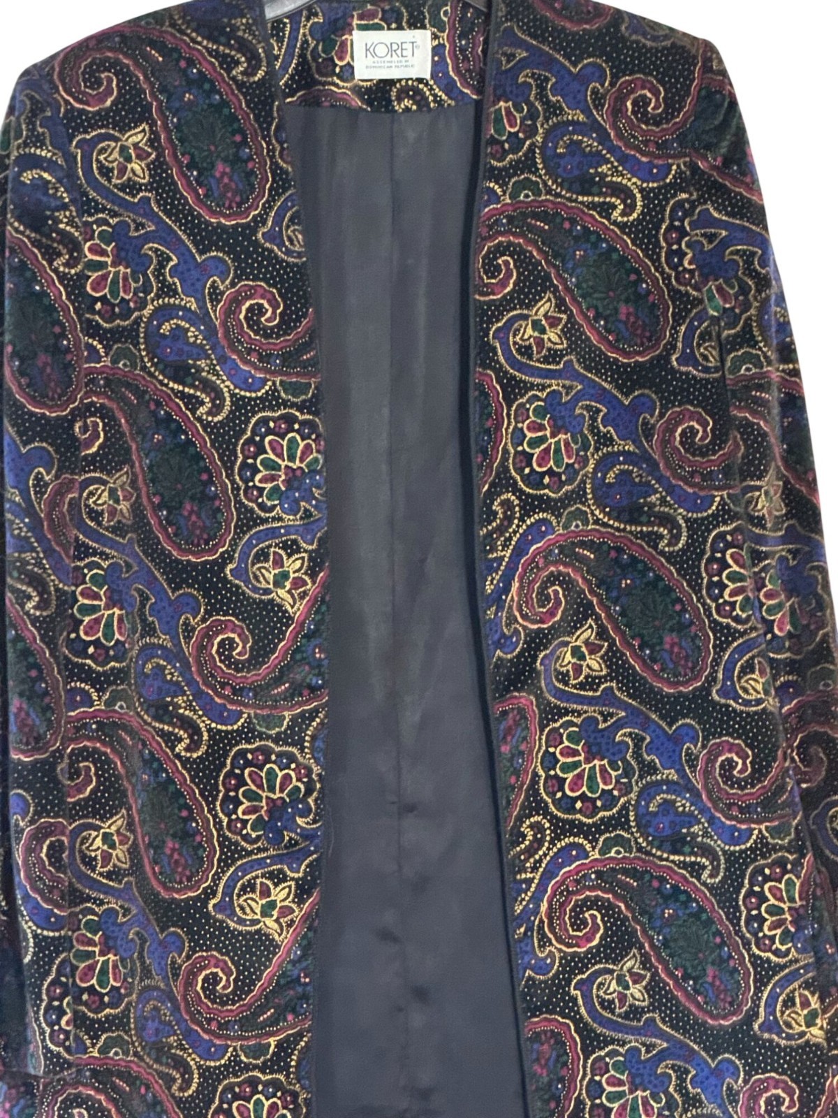 Vintage Koret Size 8 Velvet Paisley Open Front Blazer Jacket Shoulder Pads Soft