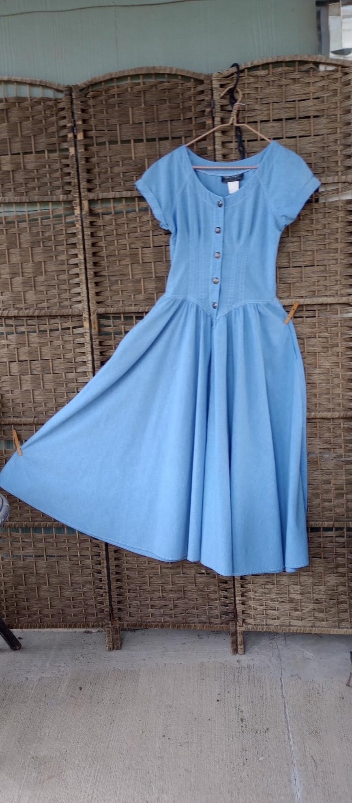 Vintage Denim Dress ~ Basque Waist ~ Full Swing Skirt