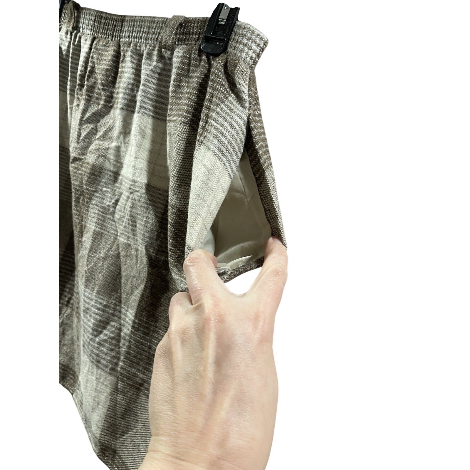 City Wear II Vintage Plaid A-Line Skirt Brown Cream Elastic Waist Pockets Womens