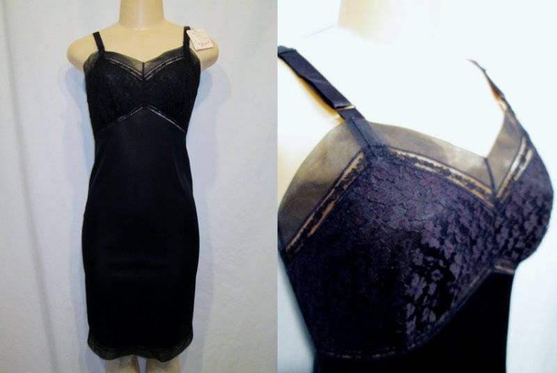 Vtg NOS Deadstock 50s Full Dress Slip Black MOJUD Chiffon Lace Nylon 32 Pin Up