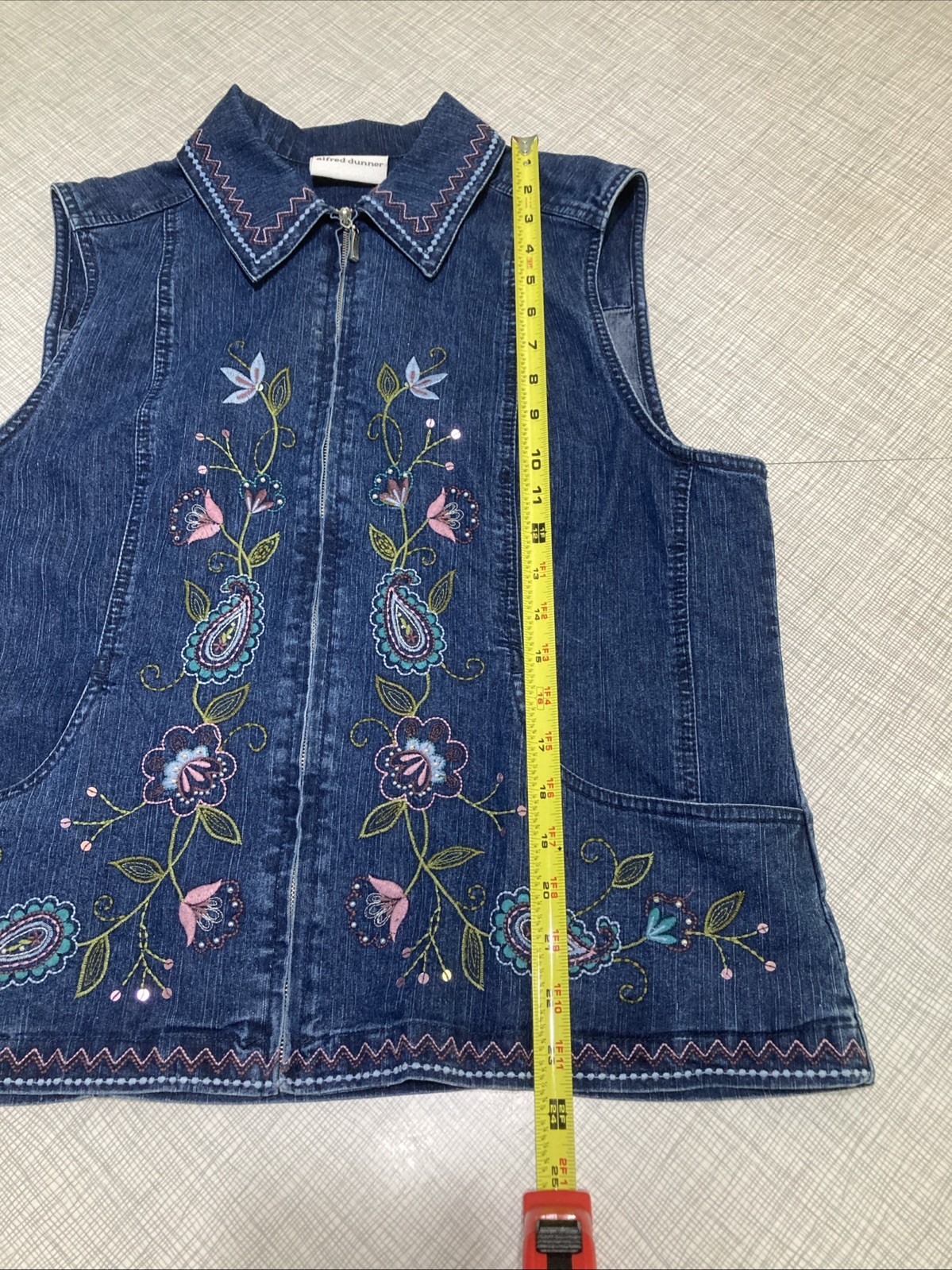 Vtg 90s Y2K Alfred Dunner Embroidered Denim Vest Granny Cottagecore Floral Sz 8
