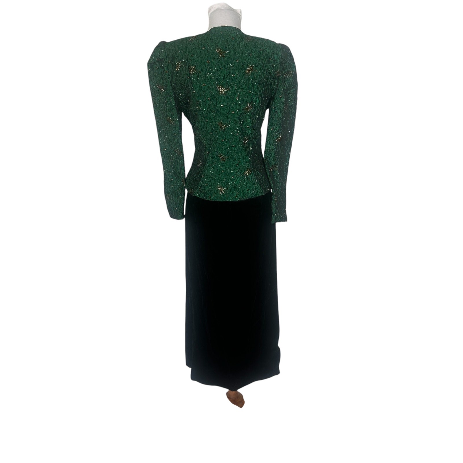 Vintage 1980s Green Gold Brocade and Velvet Two Piece Dress XS/S