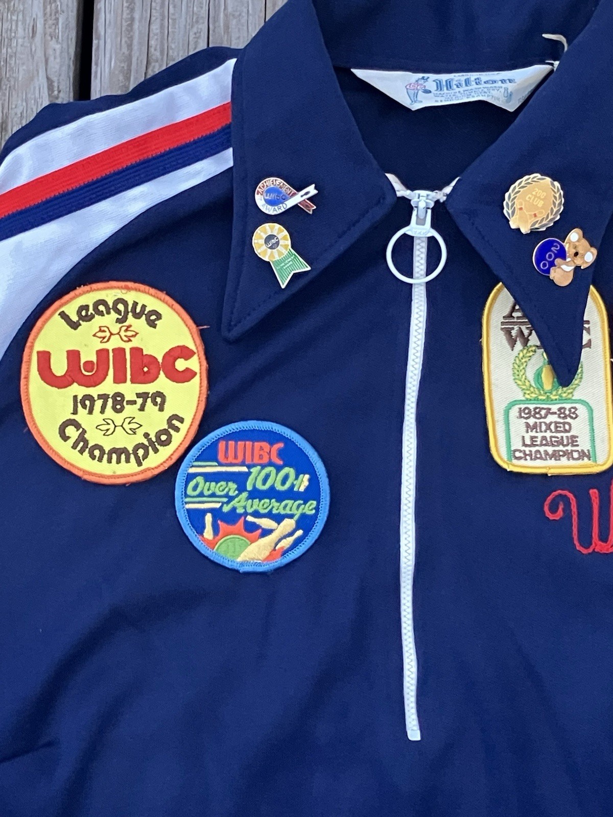 Vtg Bowling Shirt Womens Rockabilly Red White Blue Chain Stitch Pins Patches