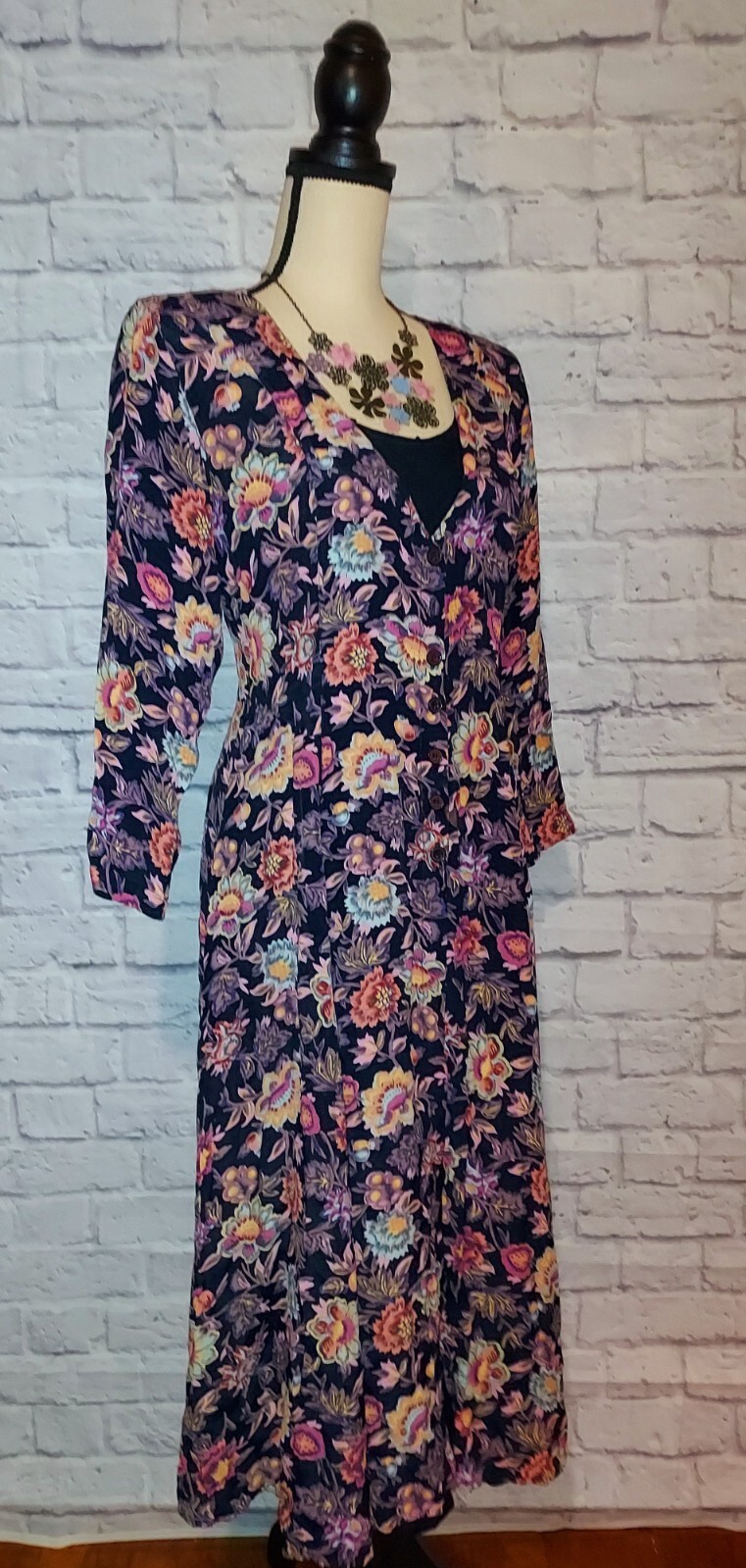 Vintage Starina Rayon Multi Floral Corset Back Lined Boho Midi Dress Size Small