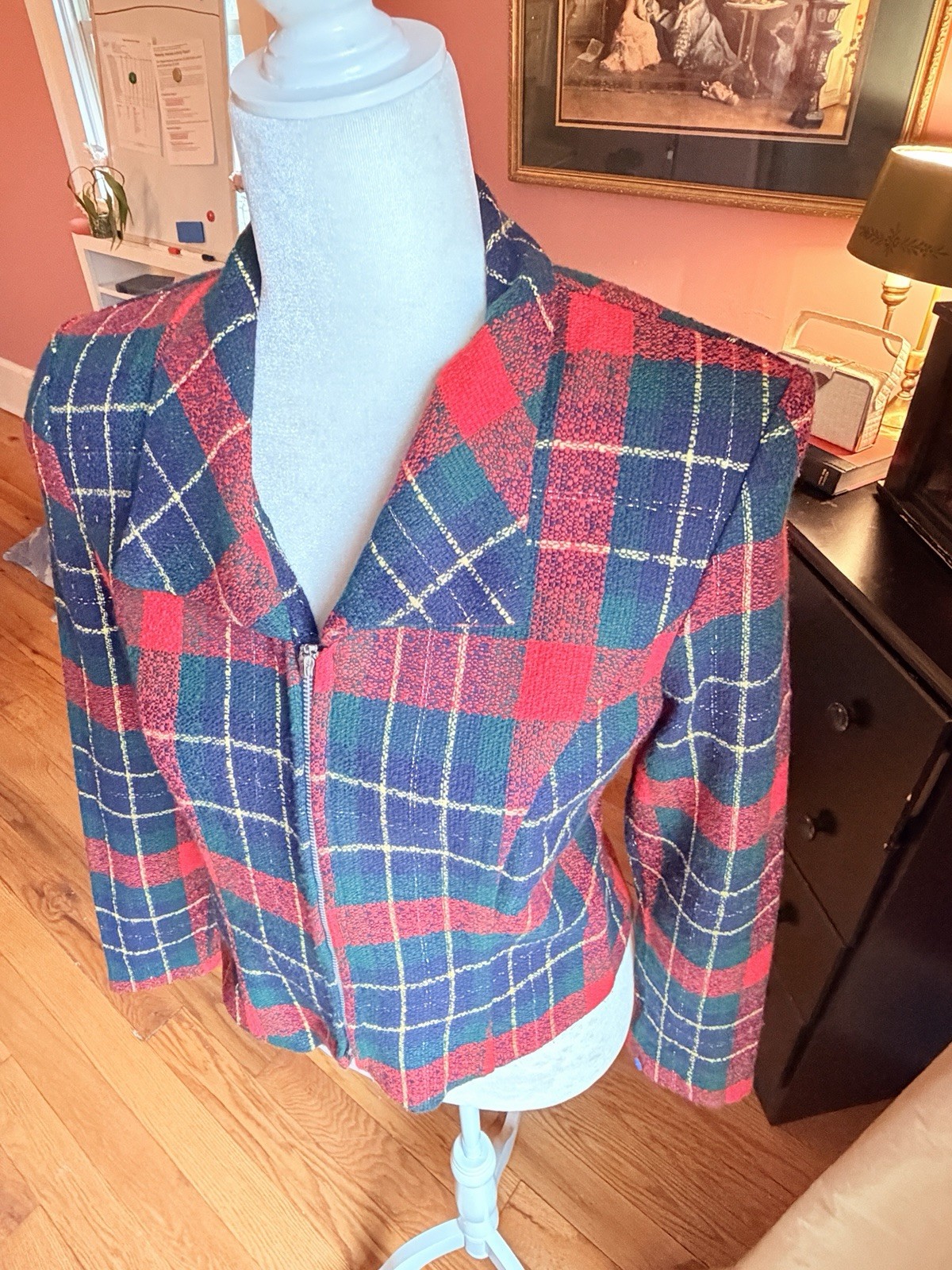 Vintage 90s Plaid Blazer Jacket Fitted Crop Shacket -Bold Bright Zip Up Holiday