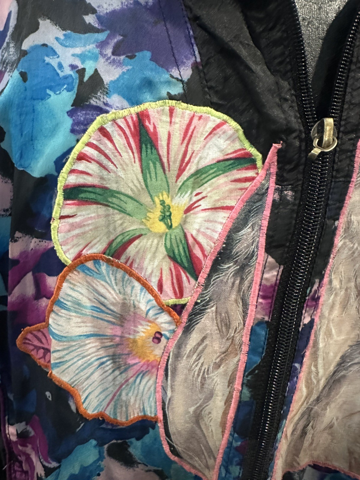 Custom Basic Editions L Windbreaker Jacket Coat Black Floral Purple DIY VTG